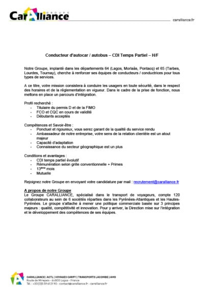 Offre d’emploi Conducteur autocar/autobus Dpt 64-65 – CDI temps partiel ...